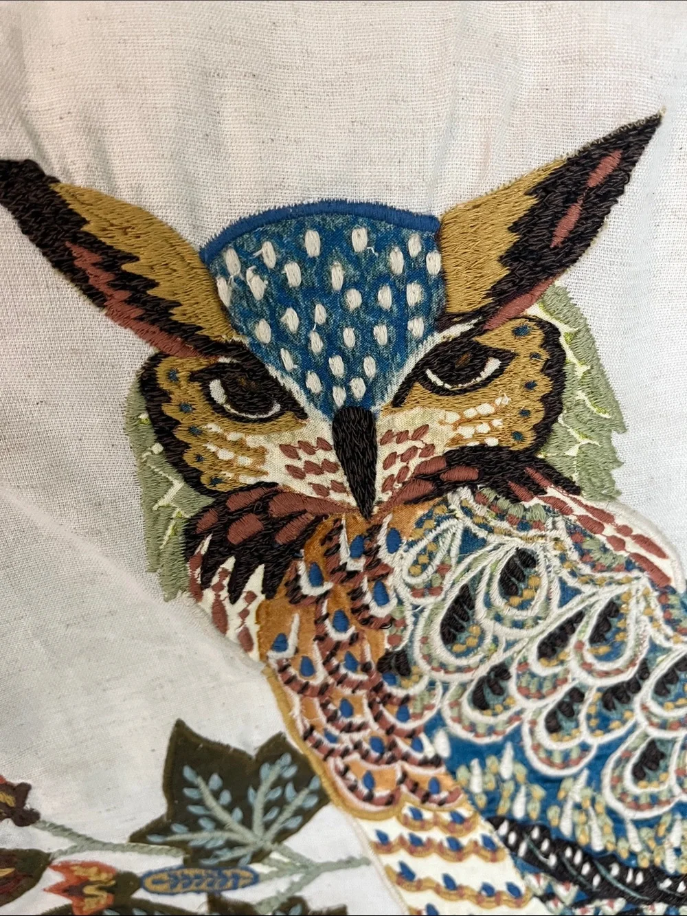 Pottery Barn owl with berries embroidered appliqué, pillow cover, cotton linen